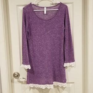 Purple maternity sweater tunic, crochet edge, L